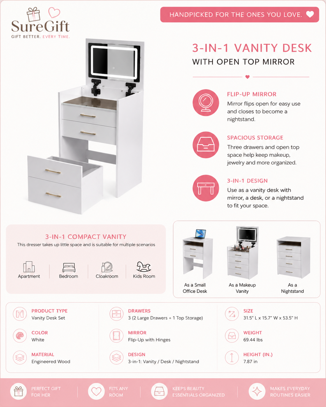 3 In 1 Vanity Desk